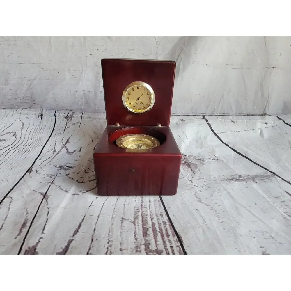 Vintage Navigator Clock & Compass Encased in Hinged Mahogany Wooden Box Untested